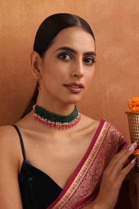 Gamya Green and Pink Choker Necklace Set-Kundan