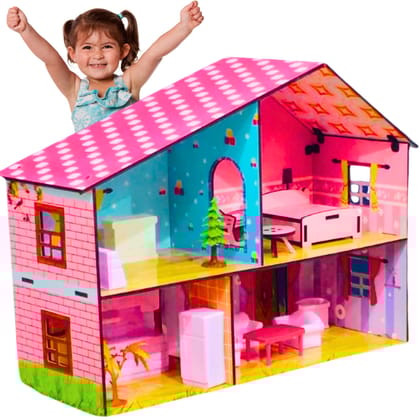 TOYJOS Girls Wooden 2 Storey Dollhouse | Kids DIY Pretend Playset with Moveable Furniture and Multiple Sticker Sheets | Birthday Gift Playhouse for Children (Pink, Age 3-10 Years)