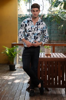 Arizona - Corduroy Printed Shirt - Blue-S-38 / BLUE