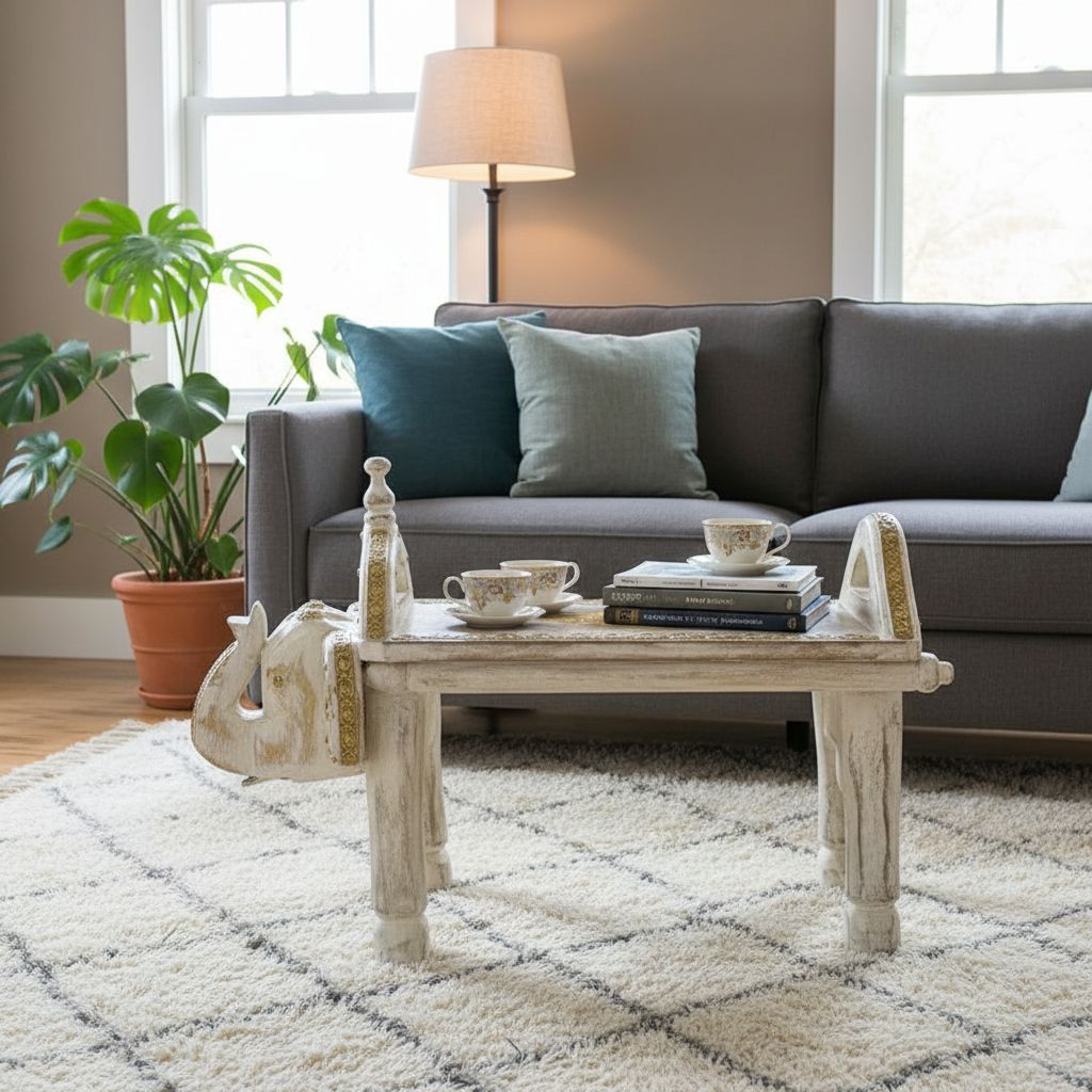 VMAntique Decor Handicraft Drawing-Room Coffee Table Cum Dining-Table,Brass-Embossed Wooden Lamp-Table,Home Living Showpiece Elephant-Table