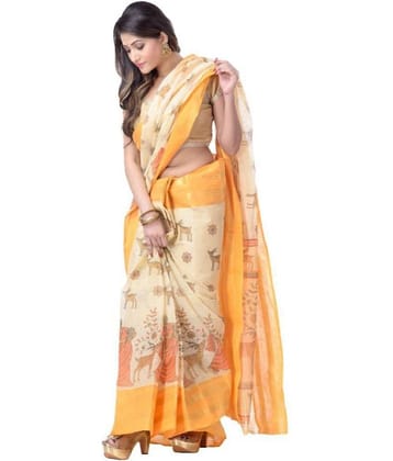 Desh Bidesh Cotton Blend Printed Saree Without Blouse Piece ( Beige )