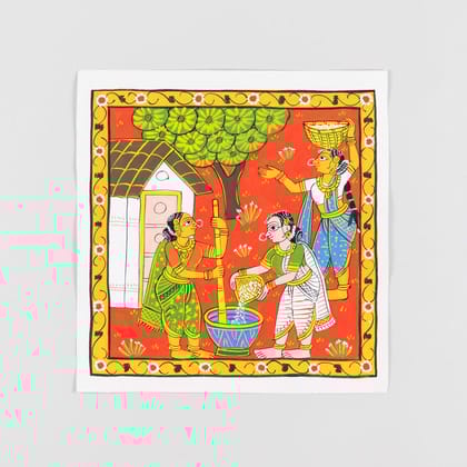 Eyaas Cheriyal Painting of Women Carrying Grains in Traditional Village Scene