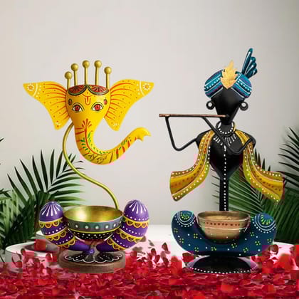 Decorative Metal Ganesh & Krishna Tea Light Candle Holder Set, Traditional Indian Design, Home Decor & Pooja Accessories, 2 Pieces