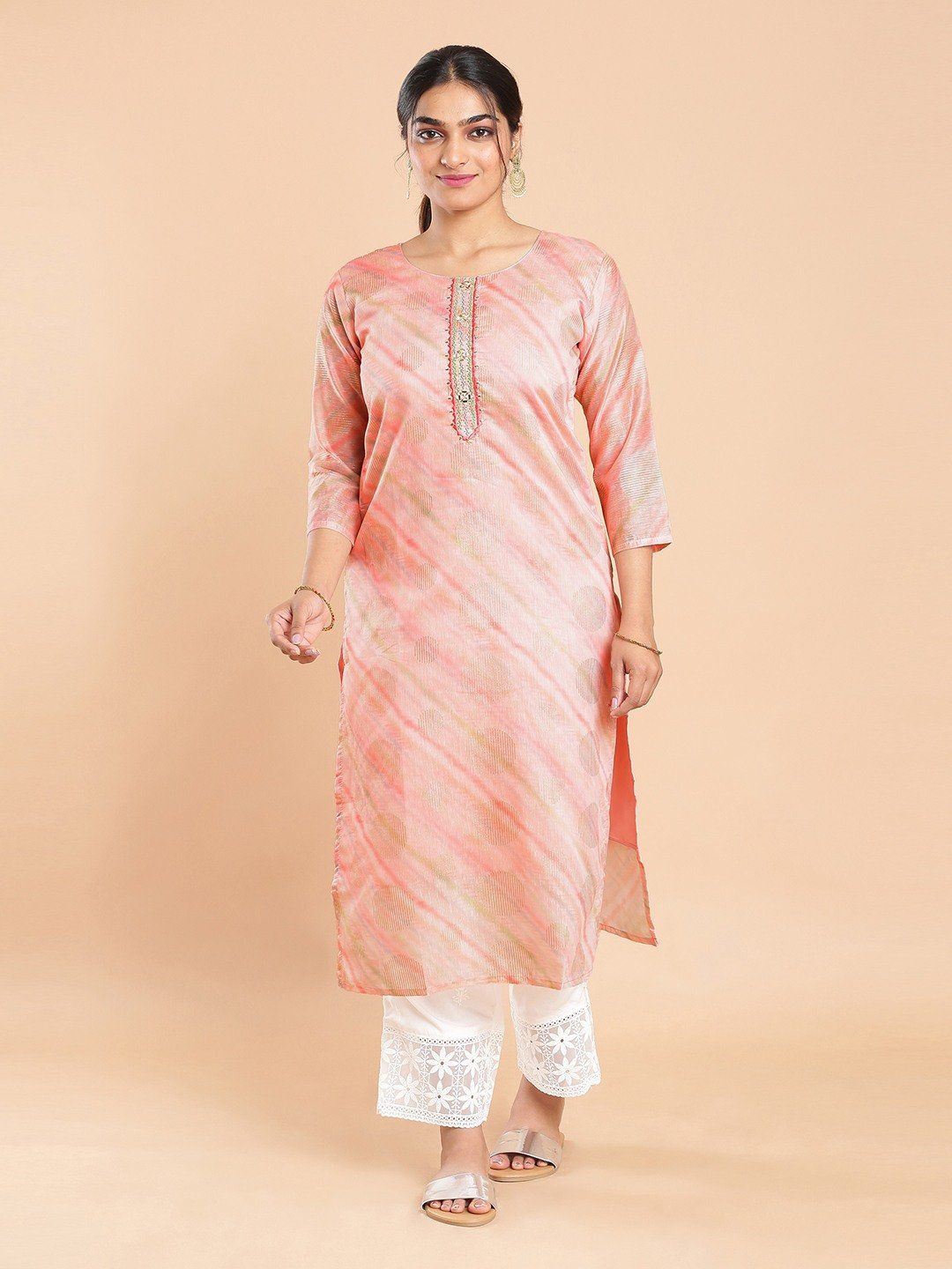 Kalyan Silks Striped Dots Golden Thread Worked Light Peach Kurti Top