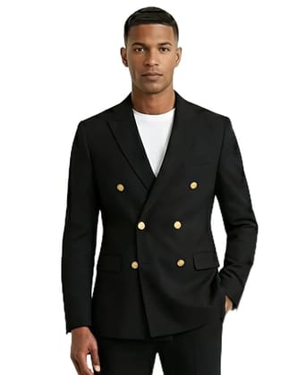 Men's Black Double-Breasted Blazer with Gold Buttons, Slim Fit Formal Jacket