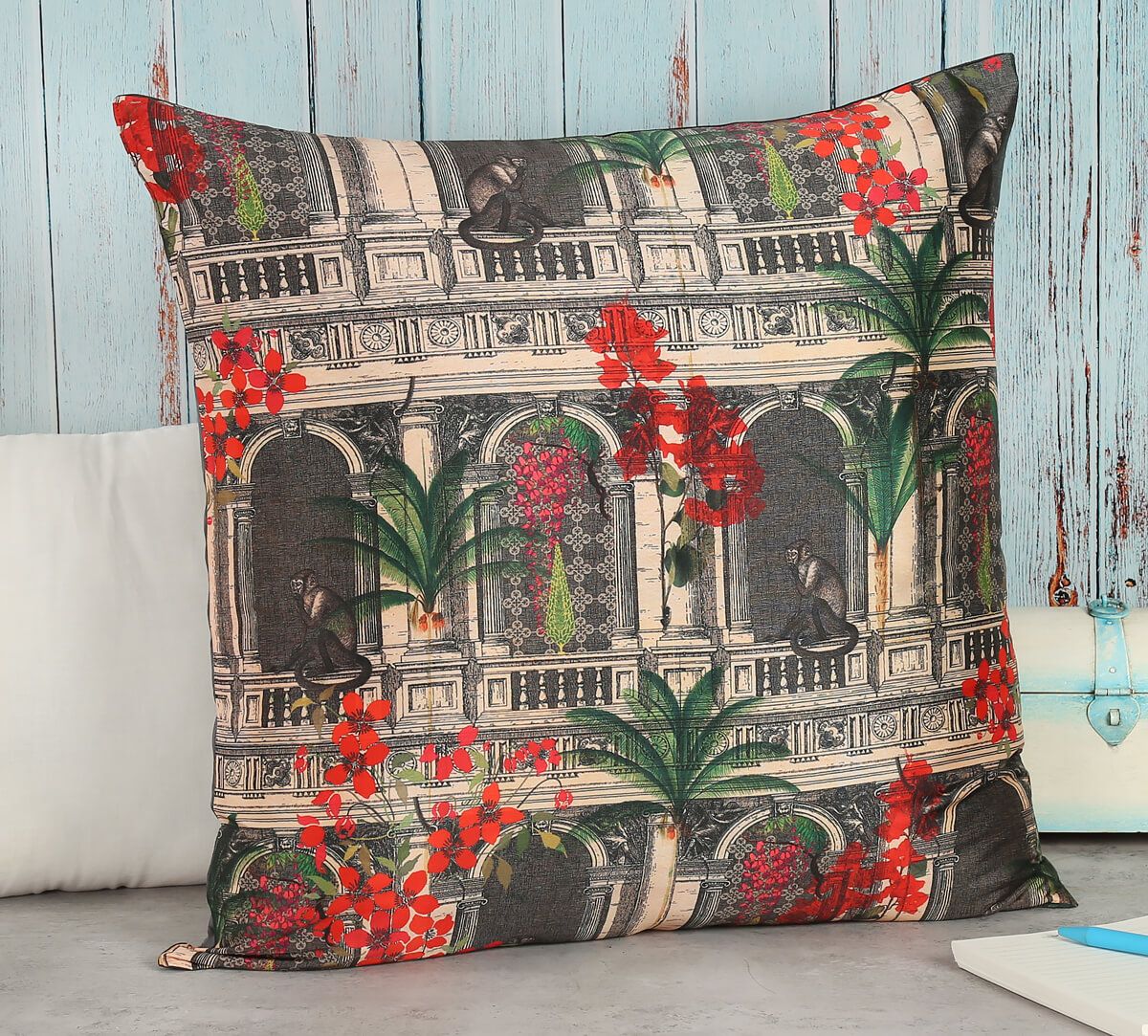 India Circus Pretty Monkey Mischief - Blended Taf Silk Cushion Cover - 16 X 16 Inch