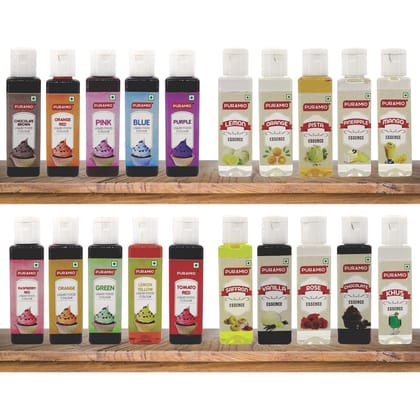Puramio Super Saver Combo Pack (Assorted Liquid Food Colours, Pack 10) & (Assorted Culinary Essence, Pack 10), 30 ml Each