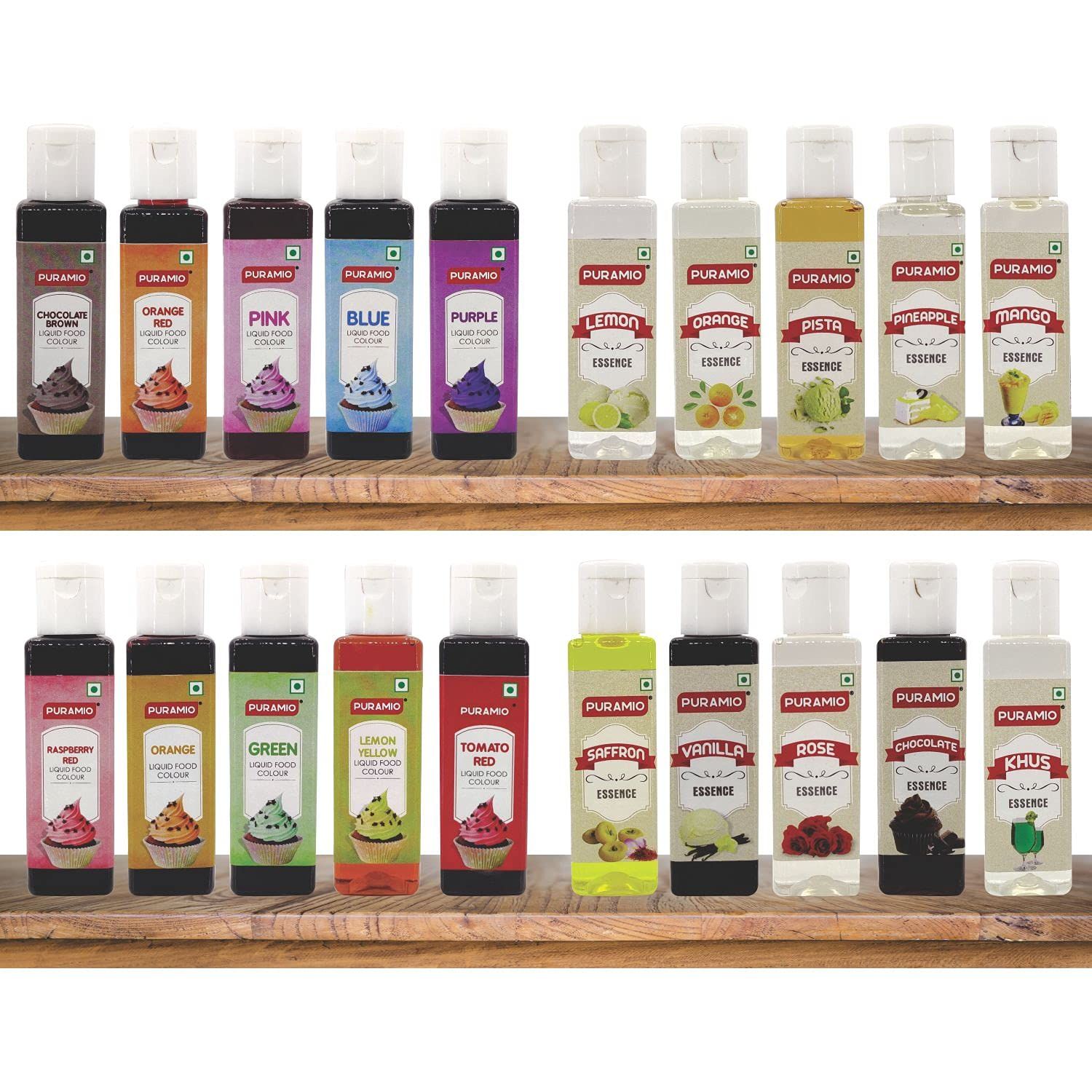 Puramio Super Saver Combo Pack (Assorted Liquid Food Colours, Pack 10) & (Assorted Culinary Essence, Pack 10), 30 ml Each