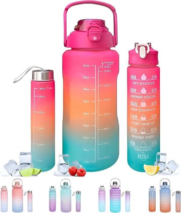 2 Liter, 900Ml, 300Ml Bpa-Free Motivational Sipper Water Bottle Adult, Time Marker&Mobile Holder For Online Classes, Office (Pack Of -3 Pcs Combo) (Multi Shades Color)