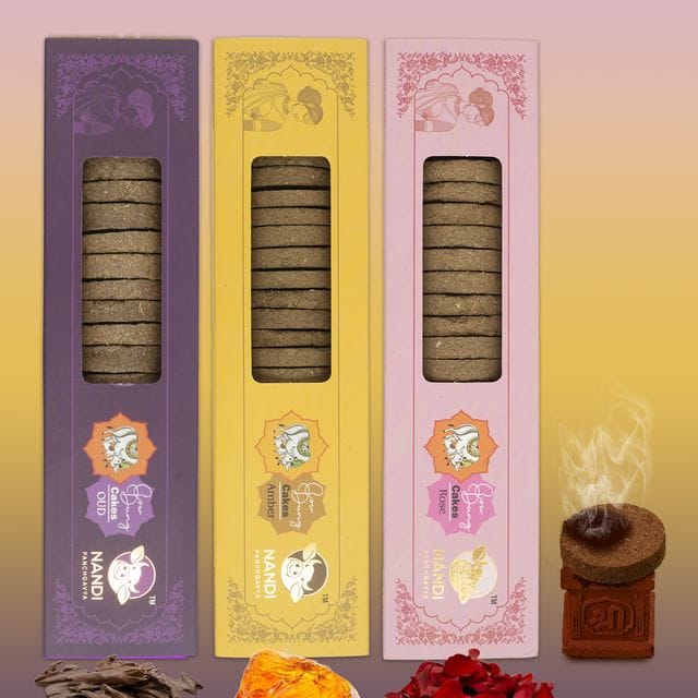 Nandi Panchgavya 100 Percent Desi Cow Dung Cake Kande (63 Pcs) (Oud, Amber, Rose Fragrance-Pack of 3)