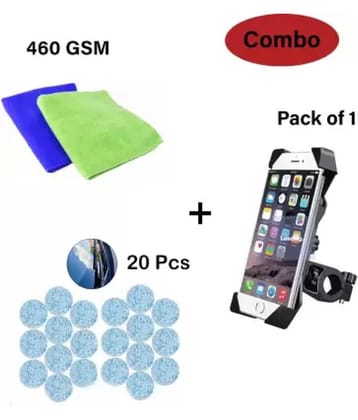 ACUTAS Vehicle washing cloth (2 pcs,340 GSM) Cleaning tablet 20pcs & Bike mobile holder Ground Kit
