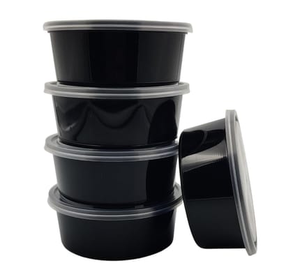 Divatos 250ML Plastic Container Black with Lid | Reusable Foods Serving Disposal Round | Fridge & Microwave Safe | Leak Proof Ideal for Restaurants, Takeaway & Cloud Kitchen Food Delivery (Pack of 25)