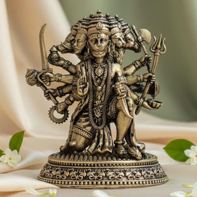 Sukh Sehaj Panchmukhi Hanuman Murti | Brass Murti | Handcrafted, Antique Finish, 5.0 Inch Length, for Home Temple, Decor, Pooja Ritual and Gifting