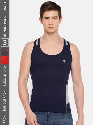 Men's Assorted Pack of 3 Solid Combed Cotton Racerback Styled Gym Vest