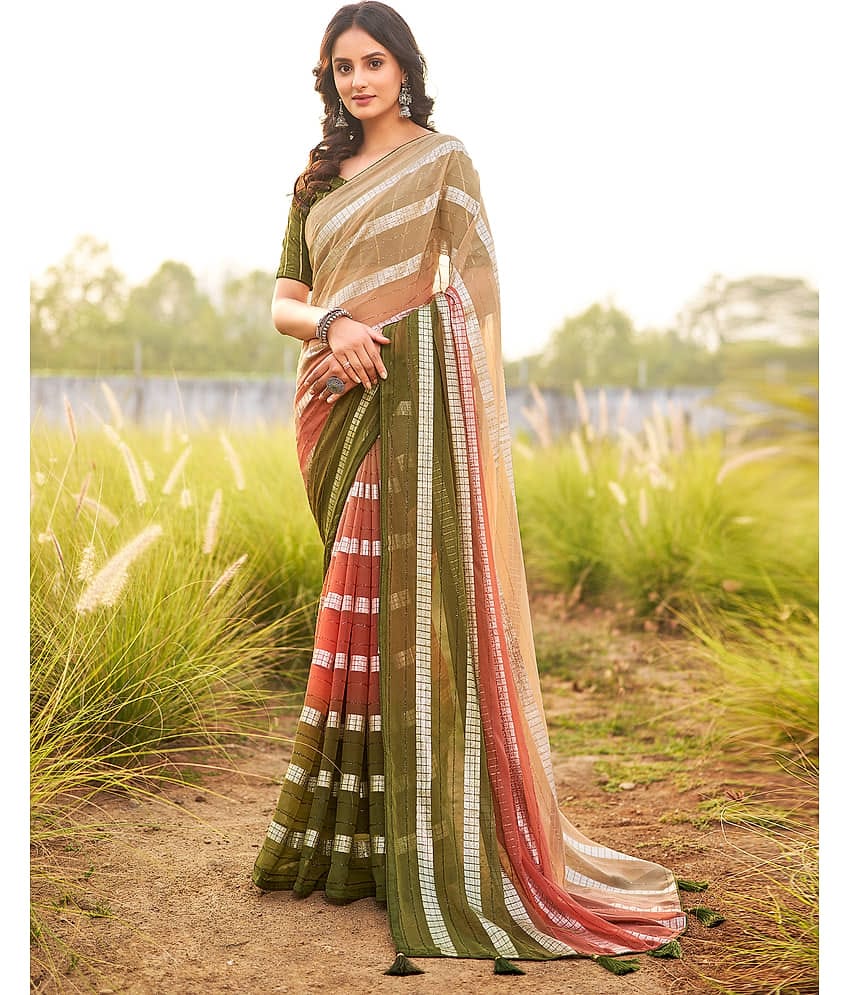 Samah Georgette Striped Saree With Unstitched Blouse Piece ( Teal )