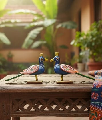 Icrafts Handmade Wooden Multicolor Peacock Pair (L: 15.24 cm × B: 5.08 cm × H: 8.09 cm, Weight: 90 g) – Eco-Friendly Traditional Wooden Decorative Toy
