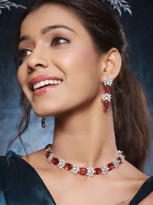 Silver Plated Red ADStudded Designer Floral Design Jewellry Set