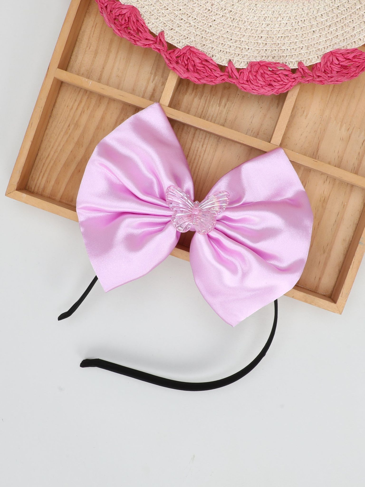 Satin Bow Hairband with Butterfly -Lavender-one Size / Lavender
