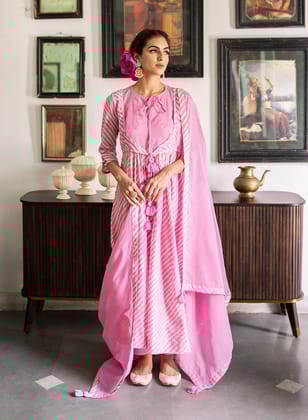 Brinda Bandhini Anarkali Set With Mirror Embroidery-XS / Pink