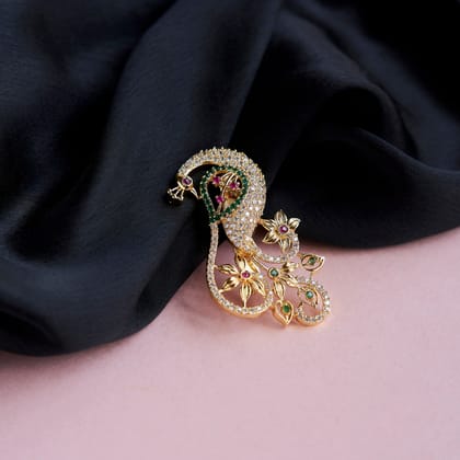 Floral Gold-platedBrass Saree Pin-Red-Green-White / Gold Plated / Free Size