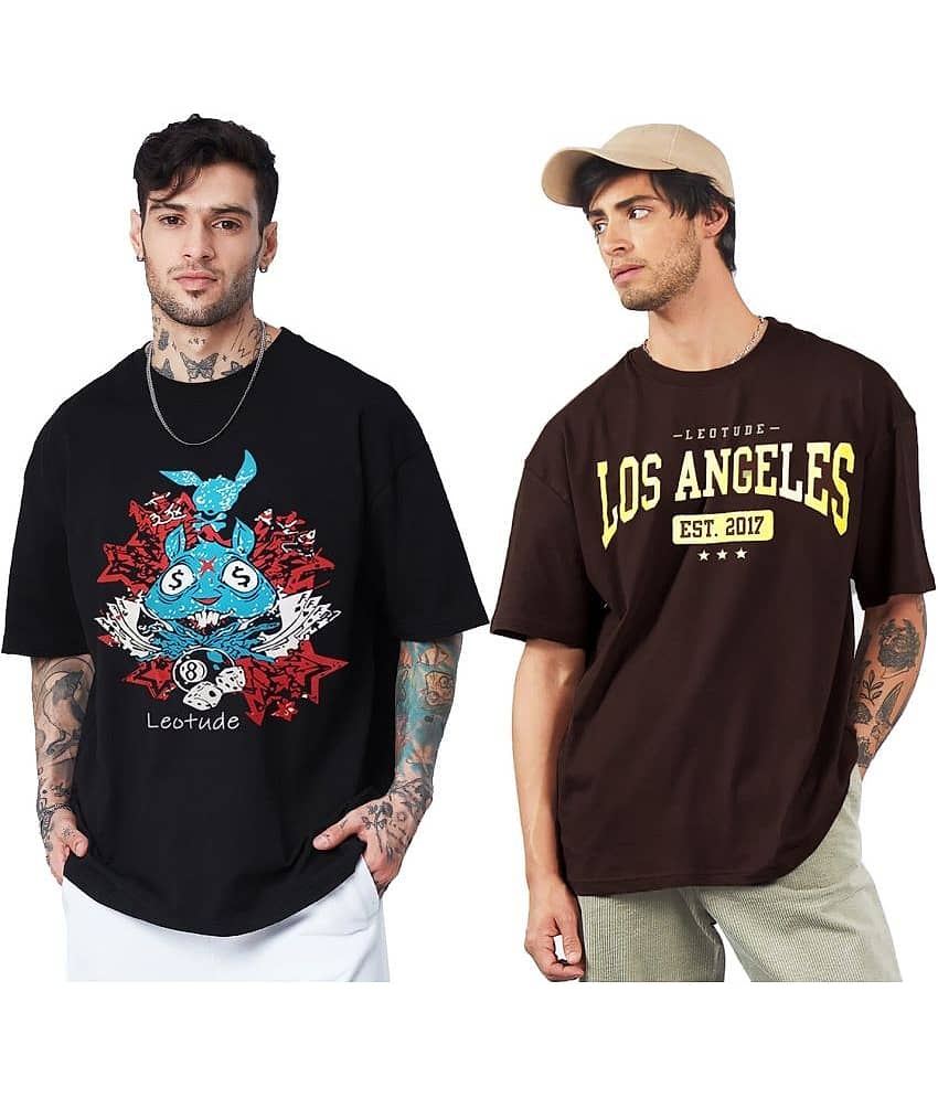 Leotude Pack of 2 Cotton Blend Oversized Fit Men's T-Shirt ( Brown )