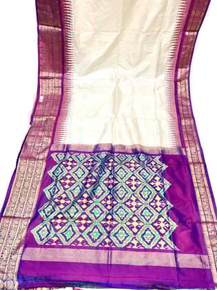 Ikkat Saree Cream With Purple Kanchi Border Saree With Blouse Same As Ikkat Design