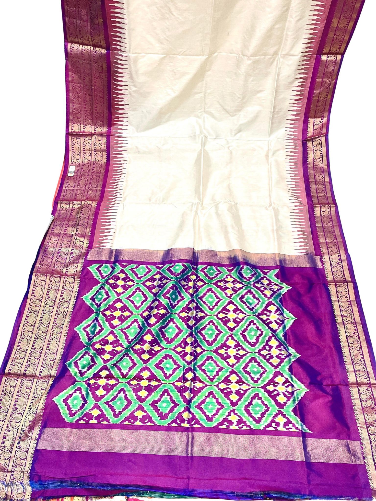 Ikkat Saree Cream With Purple Kanchi Border Saree With Blouse Same As Ikkat Design