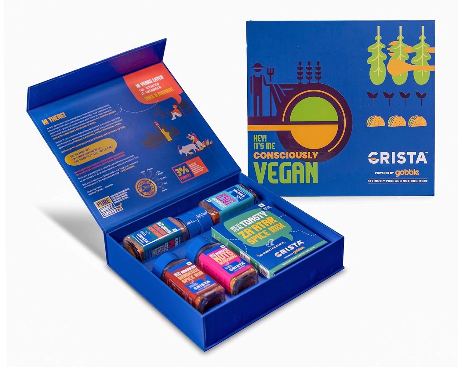 CRISTA Conciously Vegan Seasonings Gift Box - Festive Gift|Pure Spice Gifting, 295 gm - Box of 5