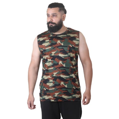 Men's Gym Sleeveless T-Shirt Camouflage Brown - Drifit, Quick Dry Sports Tank Top, Sando Vest