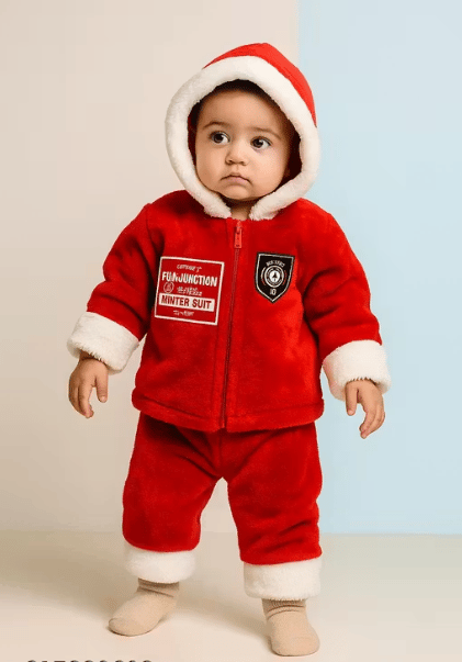 Fun Junction Winter Suit for Infants, Red Hooded Snowsuit with Fur Trim, Warm Fleece Holiday Outfit
