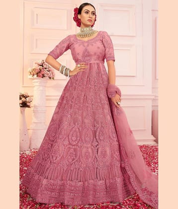 Aika Women Net Flared Semi Stitched Ethnic Gown ( Peach )