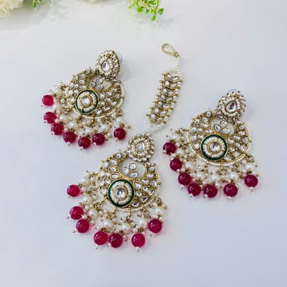 Nayaab Diya earrings with tikka-Red