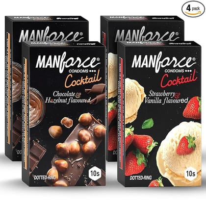 Manforce Cocktail Condoms with Dotted Rings Combo Pack (Strawberry+ Vanilla & Chocolate+ Hazelnut)- 10 Pieces (Pack of 4)