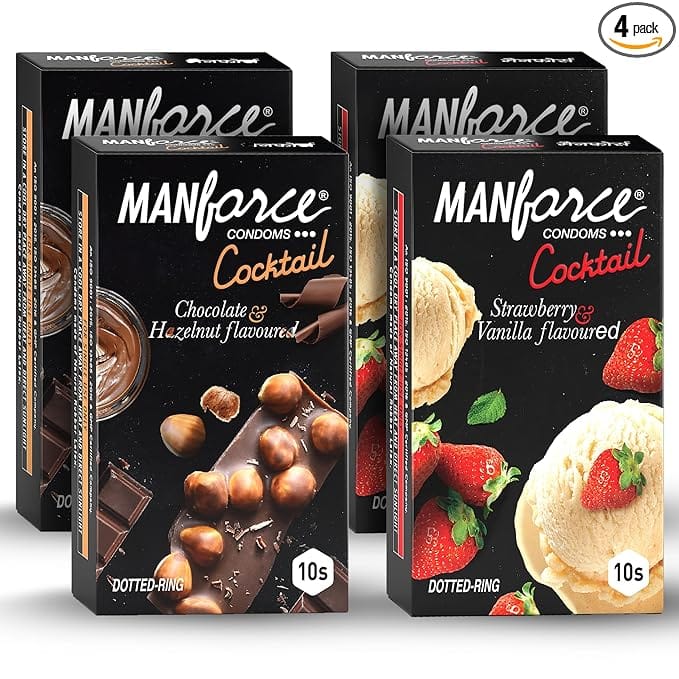 Manforce Cocktail Condoms with Dotted Rings Combo Pack (Strawberry+ Vanilla & Chocolate+ Hazelnut)- 10 Pieces (Pack of 4)