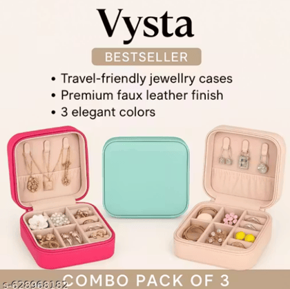 Premium Jewellery Storage Box for Women | Travel Jewellery Organizer Case | PU Leather Combo Pack of 3  Pink, Mint, Peach