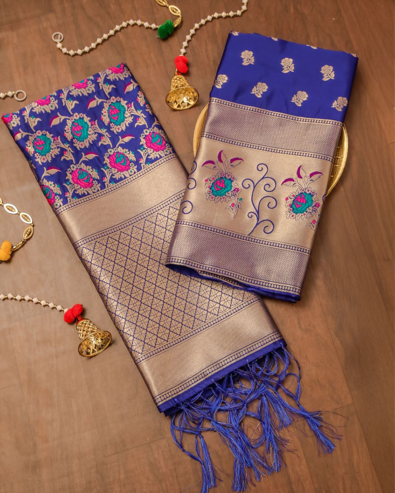 Noor-e-Banaras Brocade Weaving Lichi Silk Suit Royal Blue