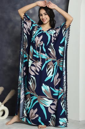 Navy Colour Abstract Printed Maxi Kaftan Nightdress-Onesize