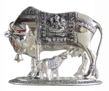 DreamKraft Metal Kamdhenu Cow And Calf Statue, Standard, Silver, 1 Piece