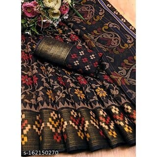 Black Colour Cotton Printed saree With Blouse Piece