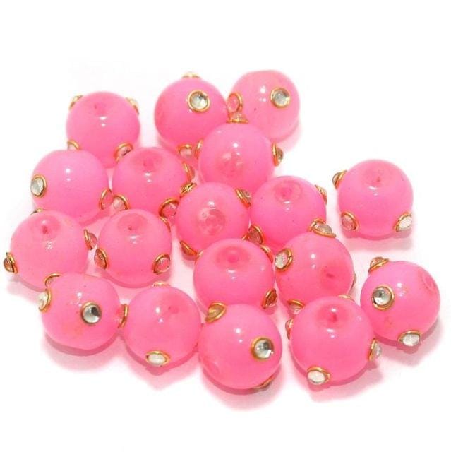 20 pcs 12mm Glass Kundan Beads Round Hot Pink-Pink / Glass