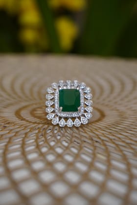 Square shape American Diamond Stylish Green Stone Adjustable Ring-Free Size