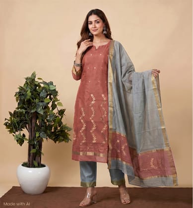 Handloom Chanderi Silk Cotton 3 Piece Suit Set 