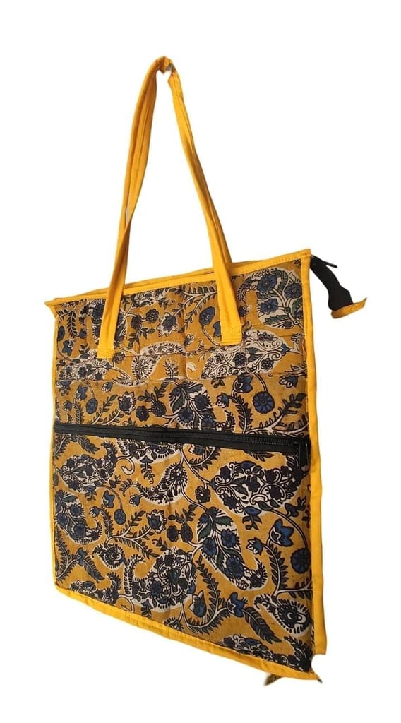 kalankari Handcrafted Ethnic Floral Print Cotton Tote Bag with Zipper Closure and Inner Pockets for Women