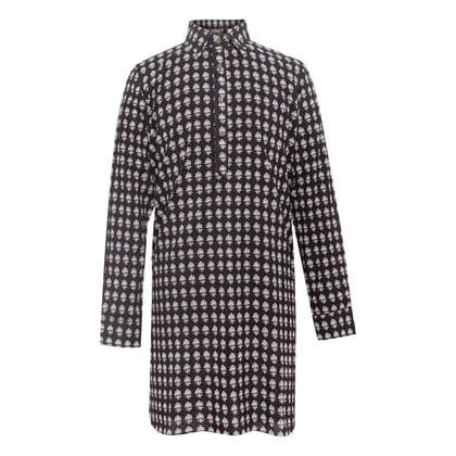 black men's block printed shirt collar cotton kurta-XS