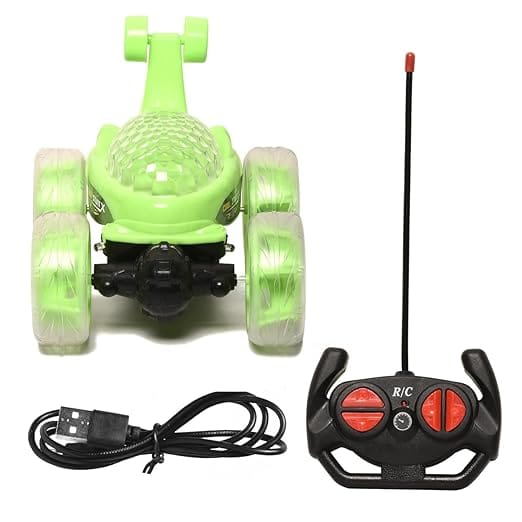 Braintastic Rechargeable 360 Rotating & Rolling Big Stunt Car with USB Cable & Remote Controller, Dacing, Acrobatic Spiral Spin Music Toy for Kids (Green)