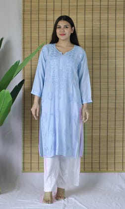 Rayon Chikankari Long Kurta – Light Blue-S