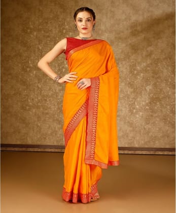 Women's Vichitra Plain Saree with Unstitched Blouse (Yellow, 5-6 Mtrs)