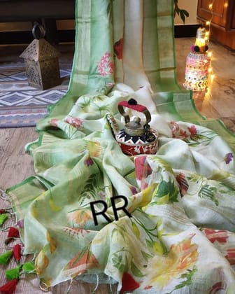 LIGHT COLOR FLOWER DESIGN LINEN DIGITAL PRINTED SAREE  1556