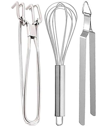 JISUN - Silver Stainless Steel Pakkad+Whisk+Roti Chimta ( Pack 3 )