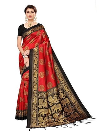 Saadhvi Art Silk Printed Saree With Unstitched Blouse Piece ( Red )